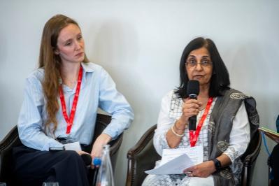 two panel speakers on stage